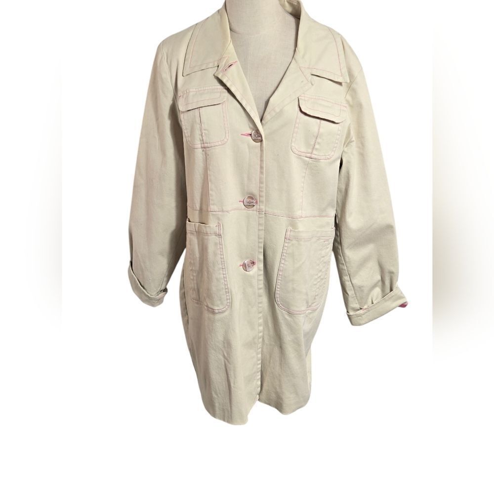 Denim & Co. Cream with Pink Stitching Spring Coat